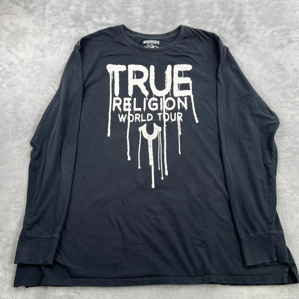 True Religion Drip Graphic Long Sleeve Tee 3XL Black Men Streetwear World Tour